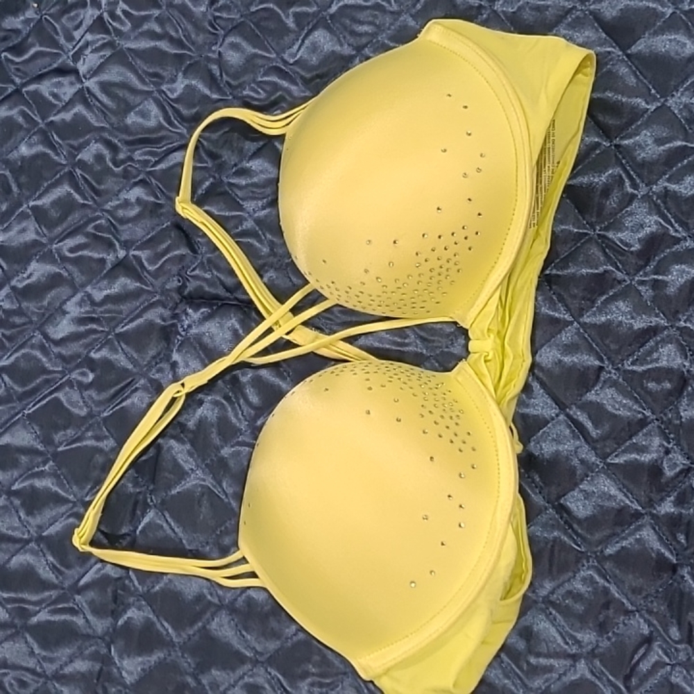 VS Bombshell Plunge yellow swarovski pushup bra 34B